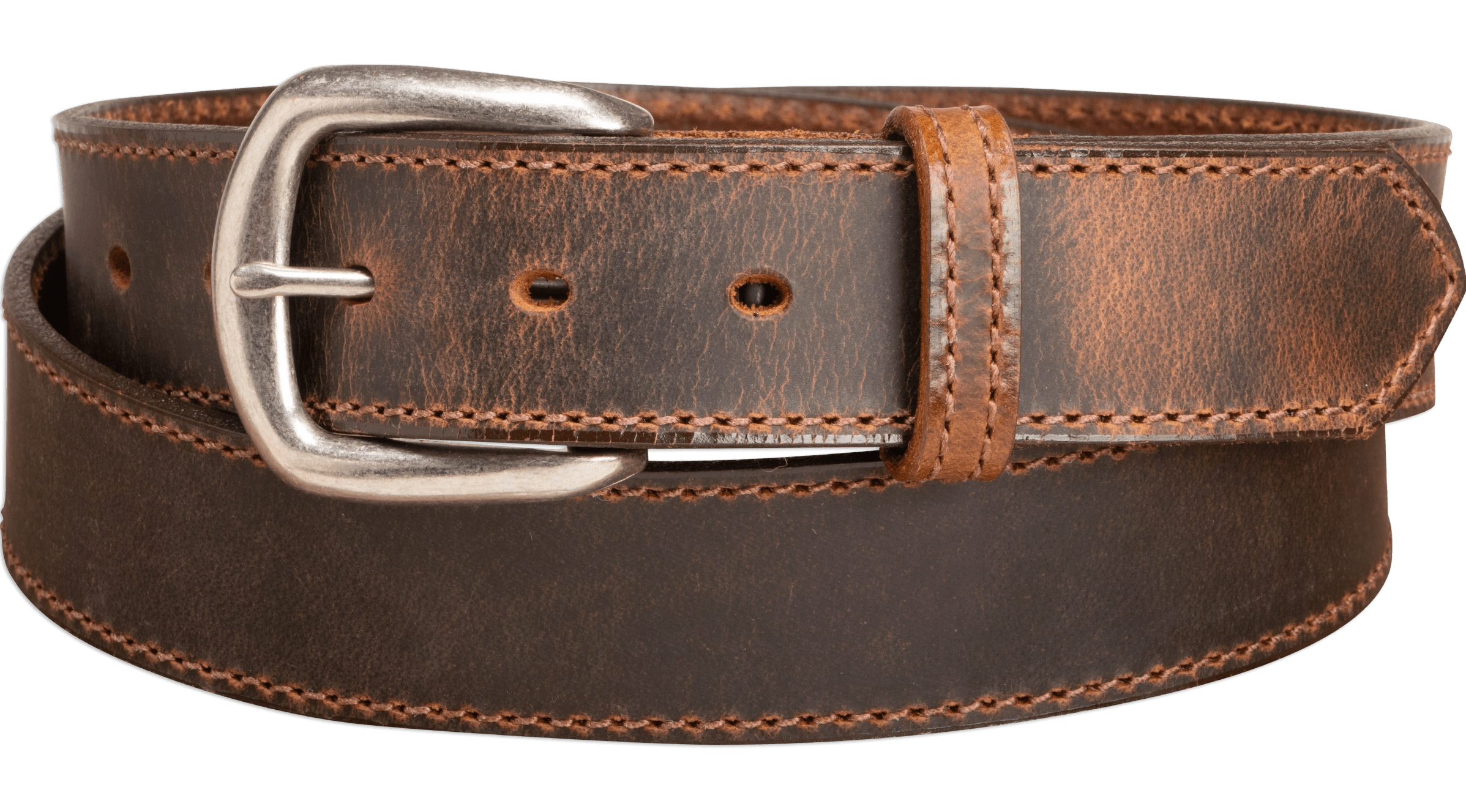 The Crazy Horse: Men's Oil Tanned Stitched Leather Belt 1.375" (Brown Colored Thread)
