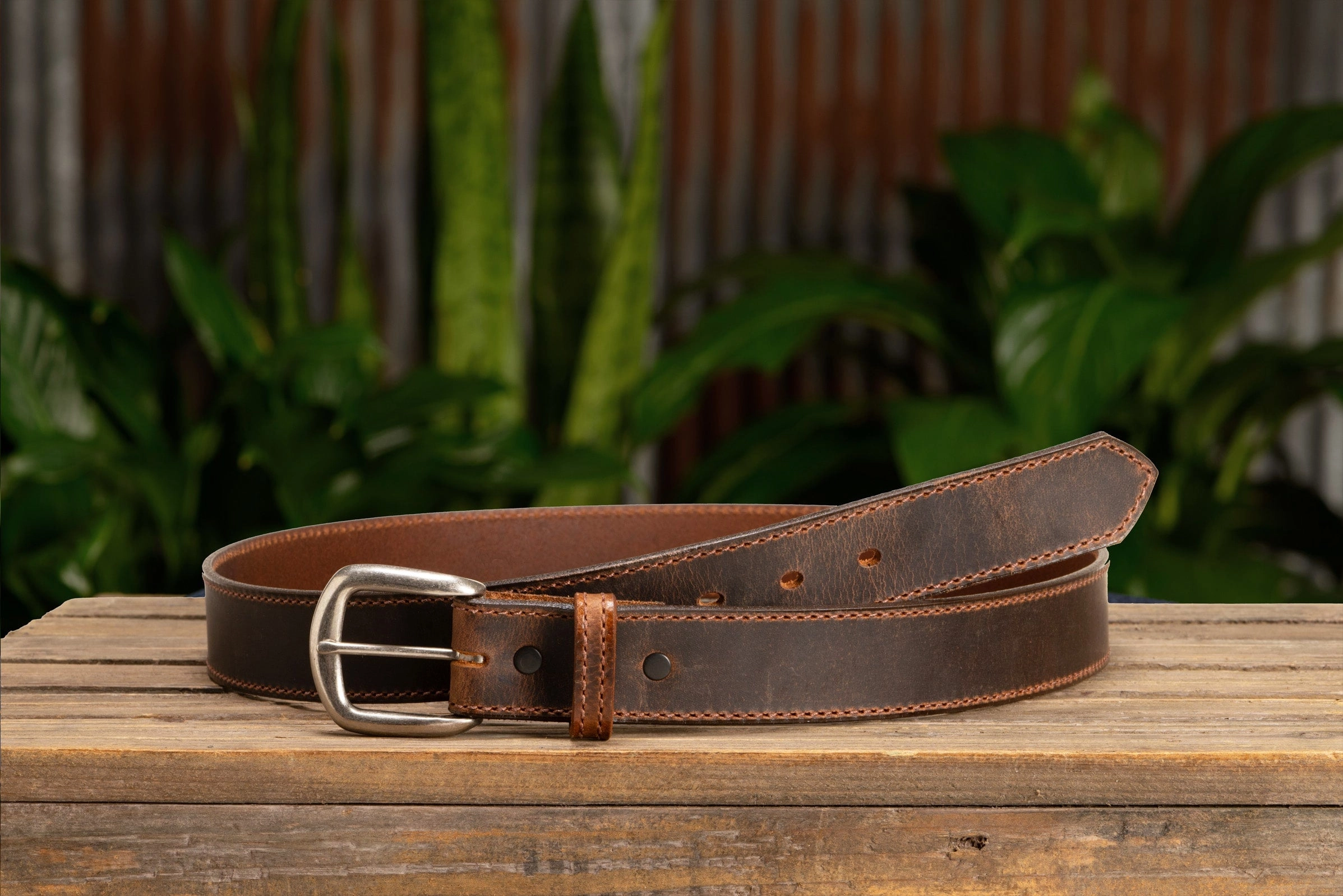 The Crazy Horse: Men's Oil Tanned Stitched Leather Belt 1.375" (Brown Colored Thread)