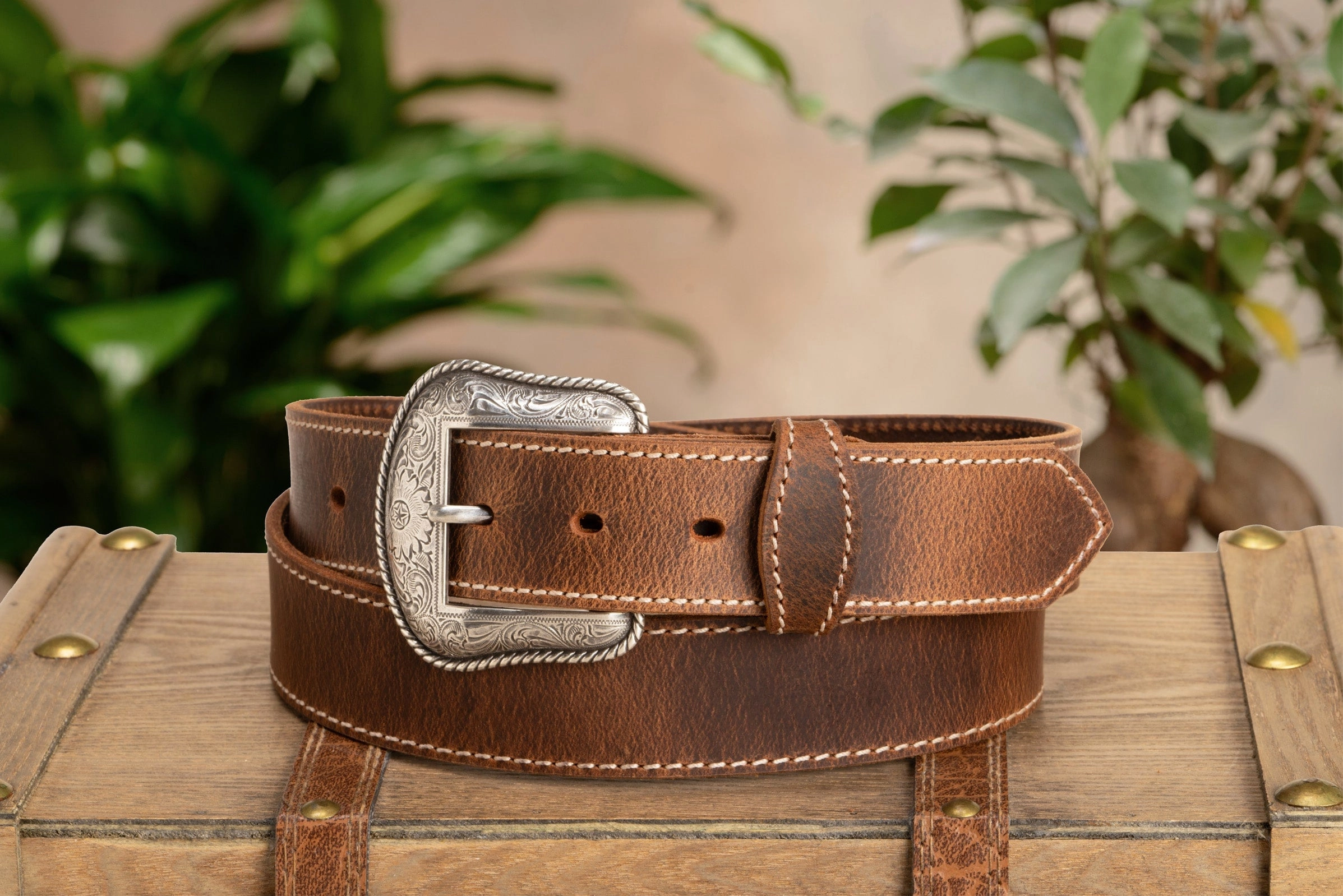 The Crazy Horse: Men's Oil Tanned Stitched Western Leather Belt 1.50" With Conchos