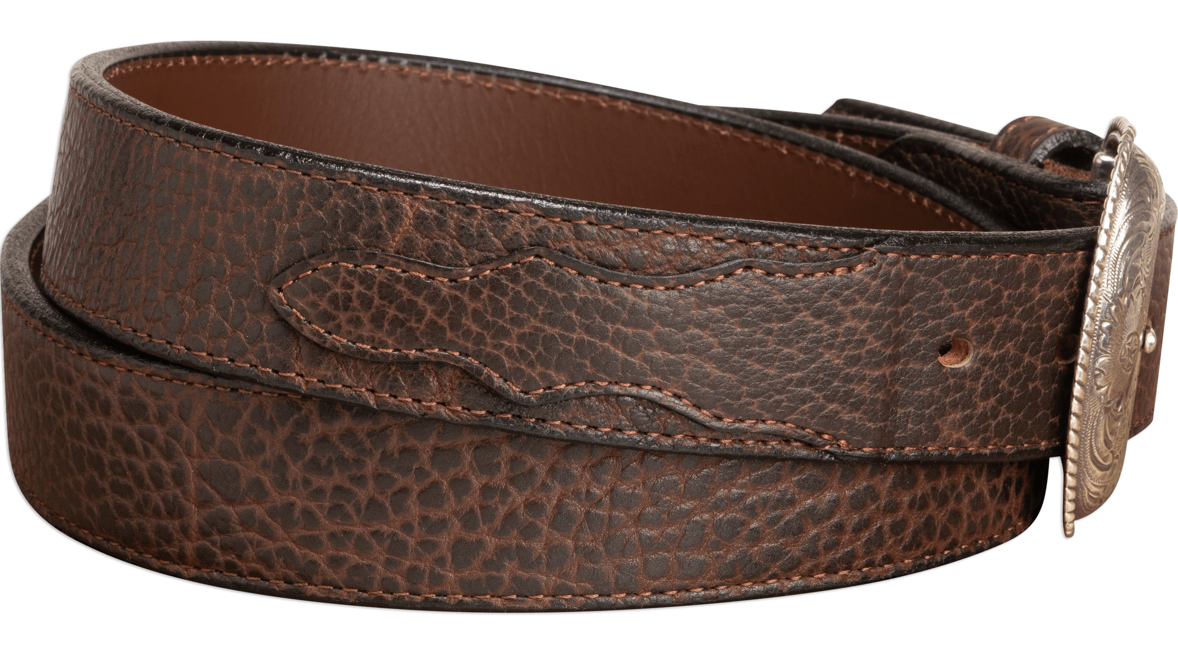 The Forester: Brown Stitched Western American Bison Belt - Scalloped Ends 1.50"