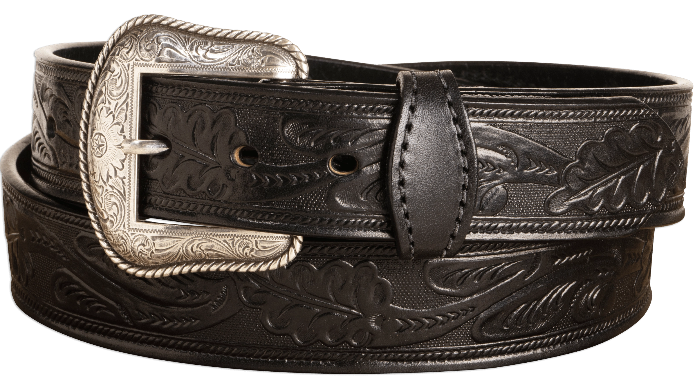 The Western Oak: Men's Black Oak Leaf Embossed Western Leather Belt 1.50" With Conchos