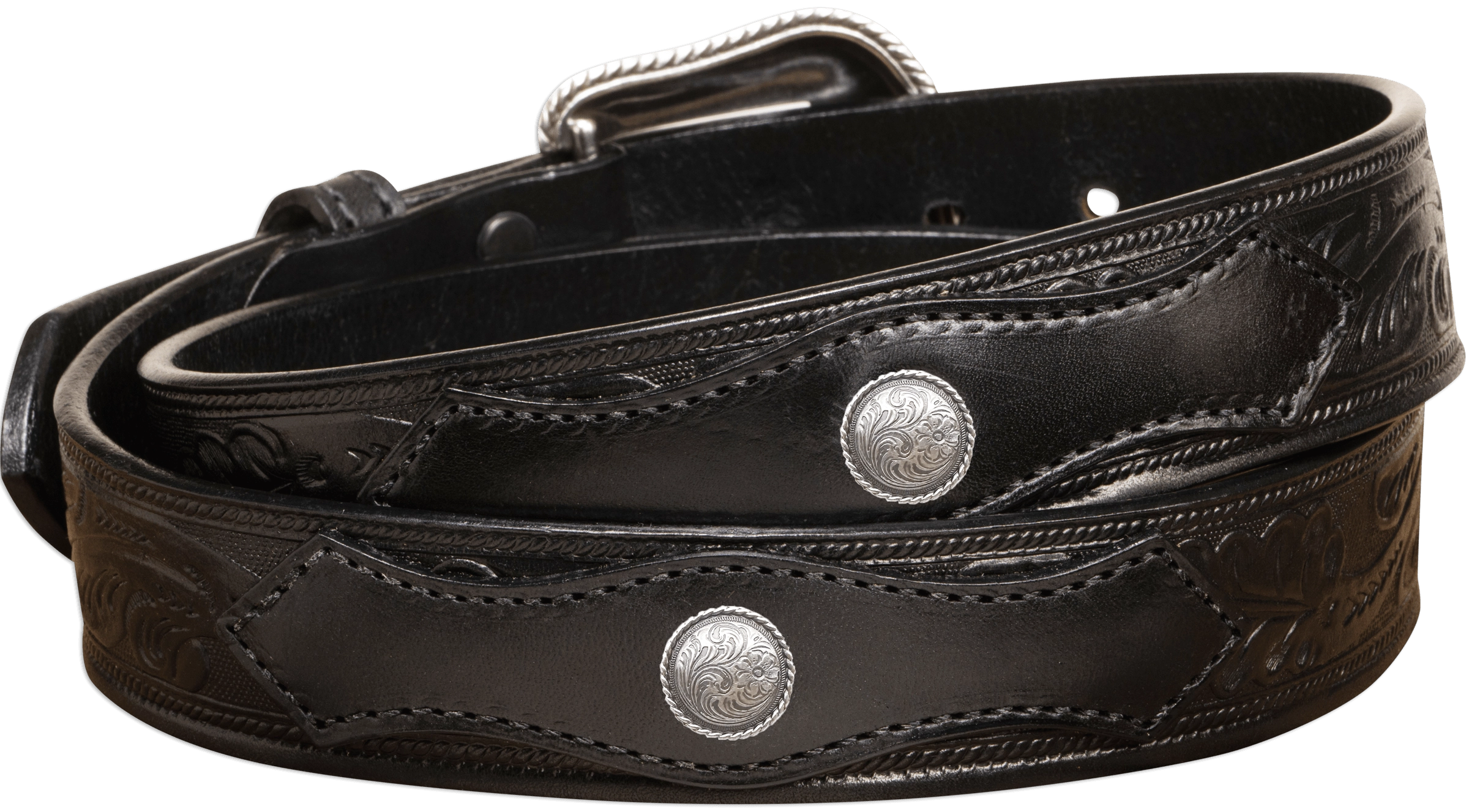 The Western Oak: Men's Black Oak Leaf Embossed Western Leather Belt 1.50" With Conchos