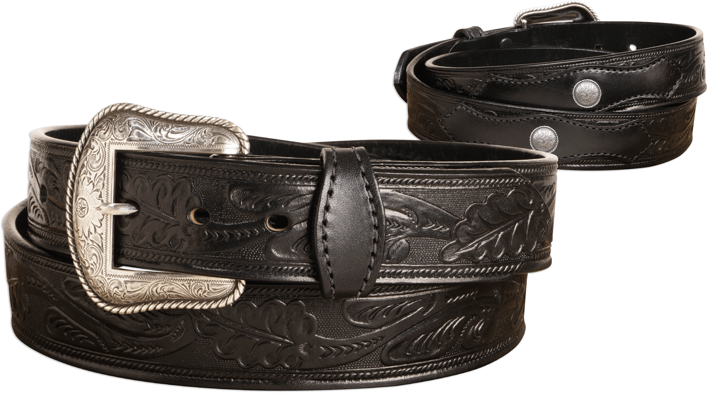 The Western Oak: Men's Black Oak Leaf Embossed Western Leather Belt 1.50" With Conchos