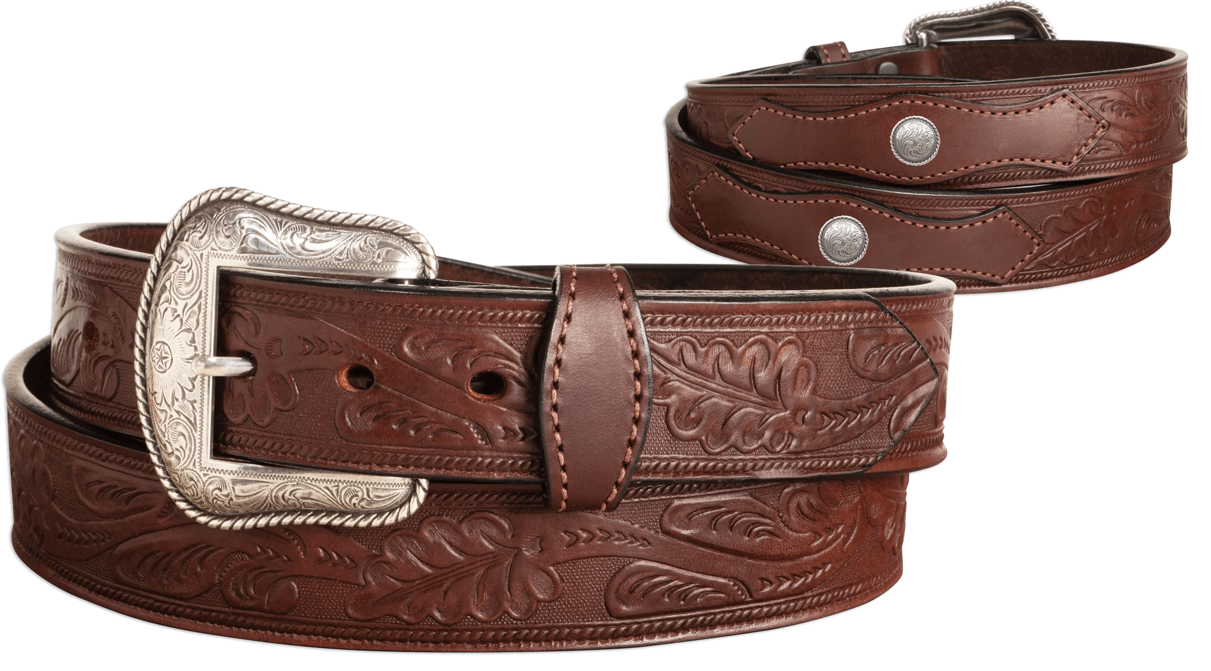 The Western Oak: Men's Brown Oak Leaf Embossed Western Leather Belt 1.50" With Conchos