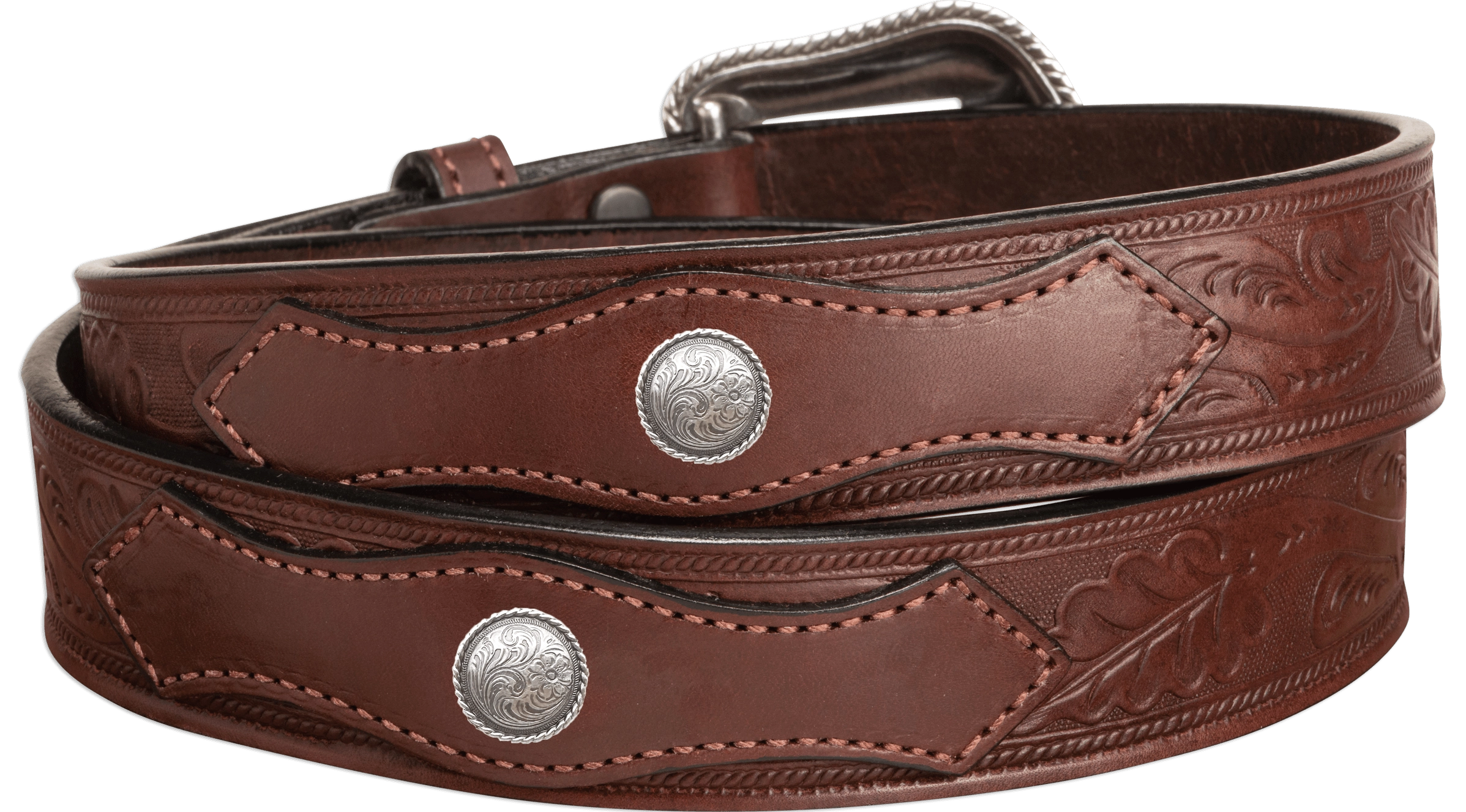 The Western Oak: Men's Brown Oak Leaf Embossed Western Leather Belt 1.50" With Conchos