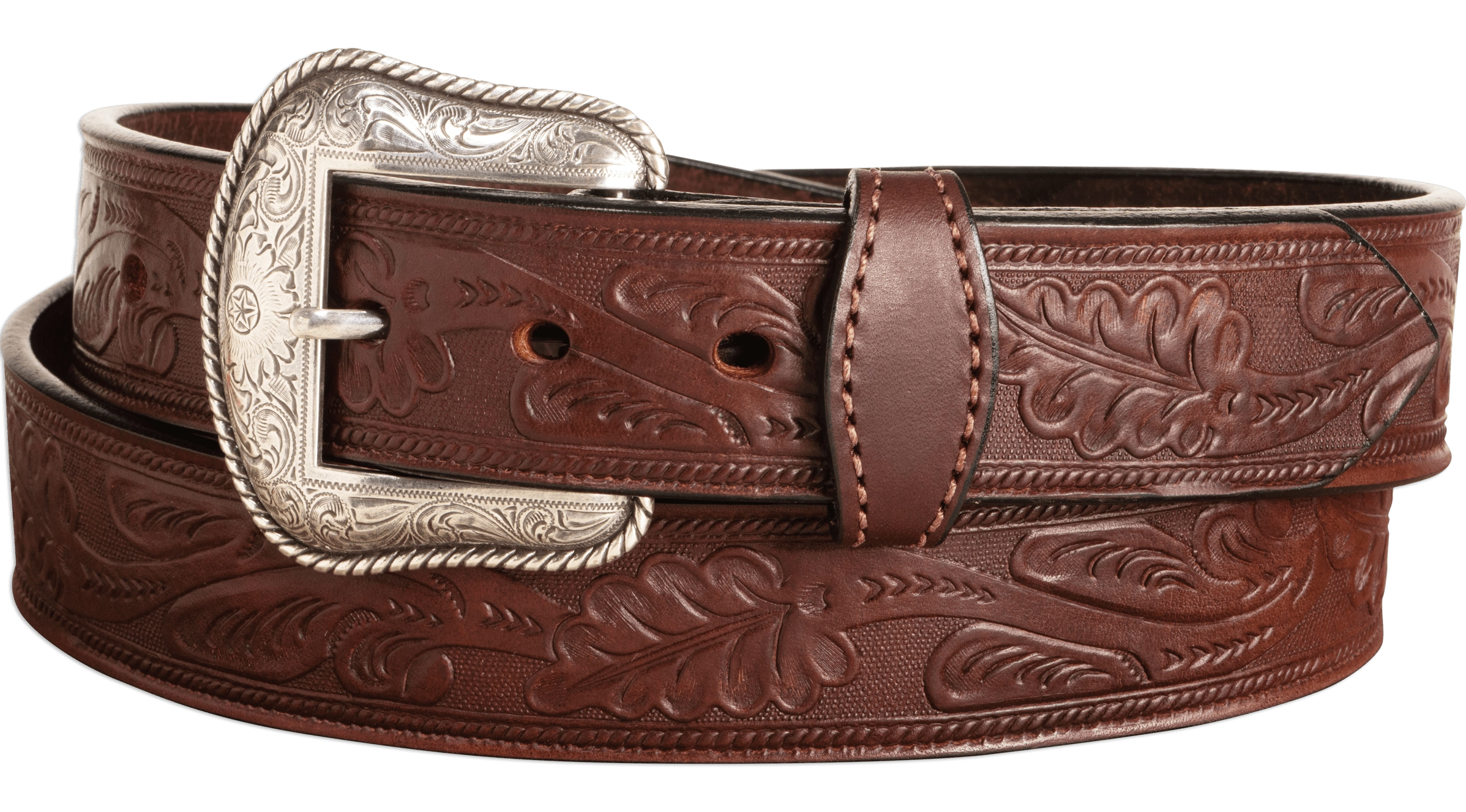 The Western Oak: Men's Brown Oak Leaf Embossed Western Leather Belt 1.50" With Conchos