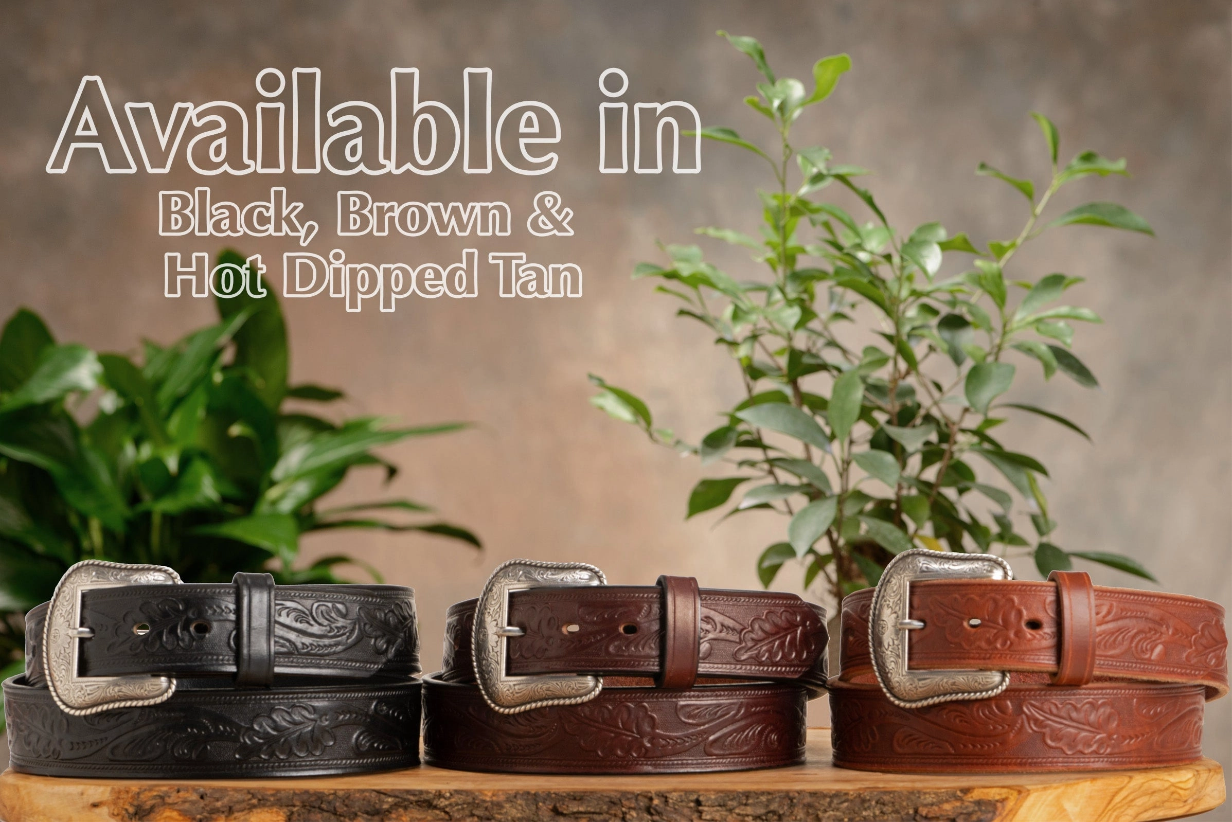 The Western Oak: Men's Brown Oak Leaf Embossed Western Leather Belt 1.50"