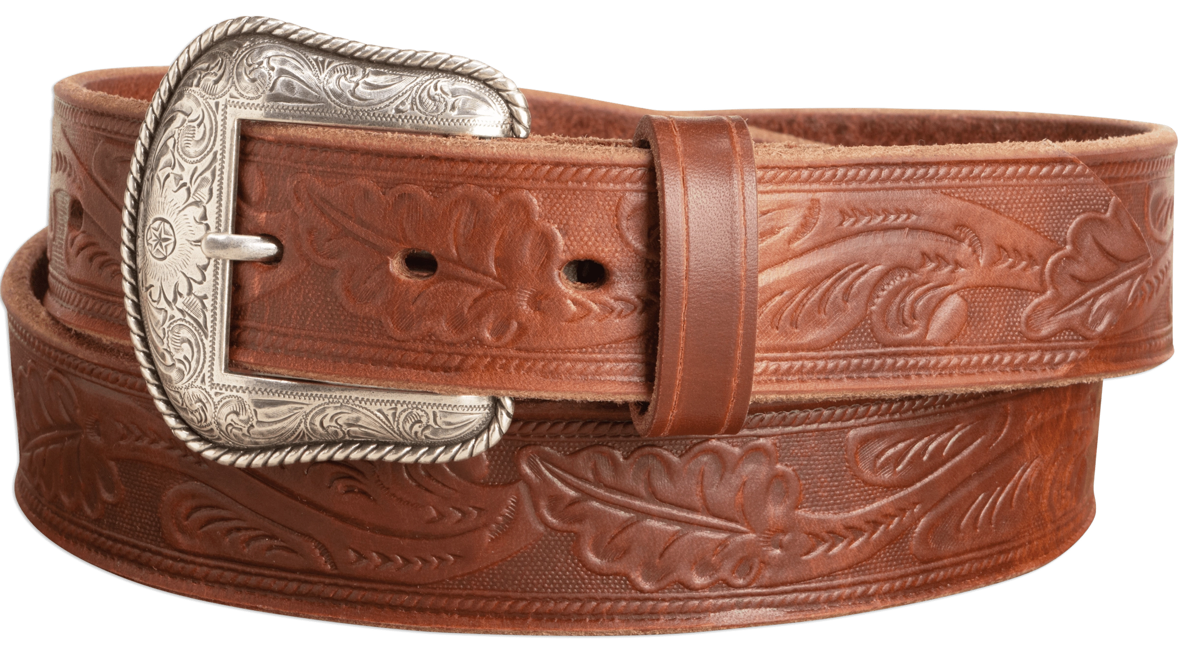 The Western Oak: Men's Hot Dipped Tan Oak Leaf Embossed Western Leather Belt 1.50"