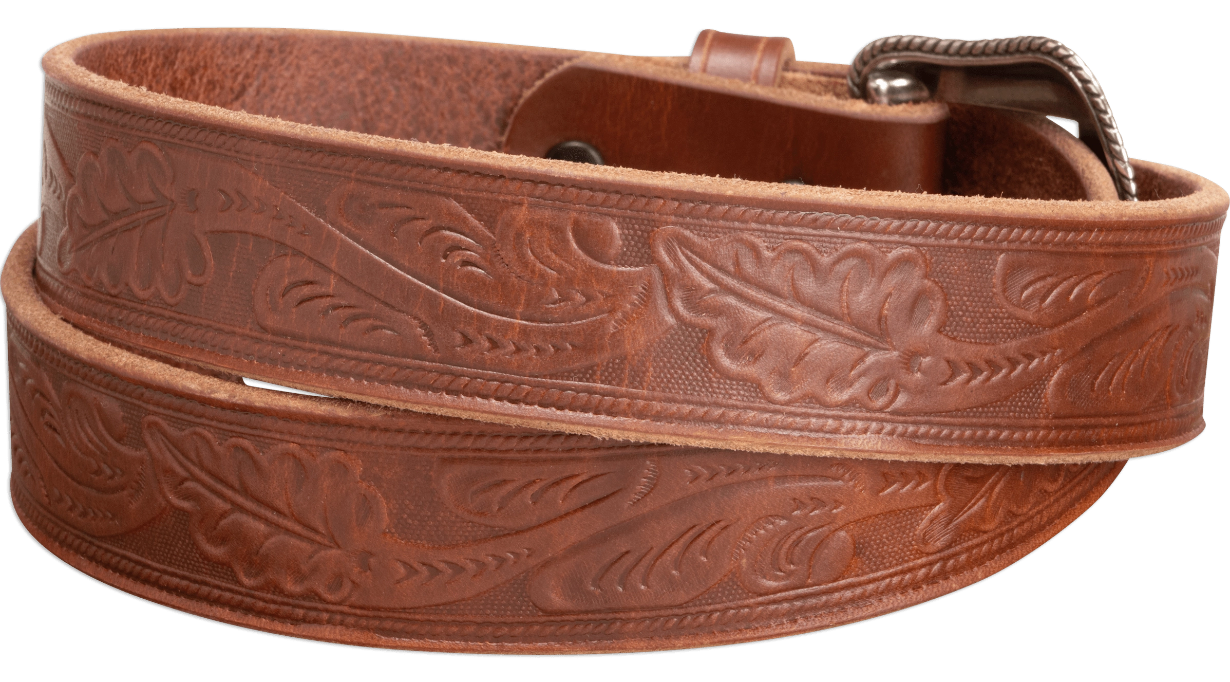 The Western Oak: Men's Hot Dipped Tan Oak Leaf Embossed Western Leather Belt 1.50"