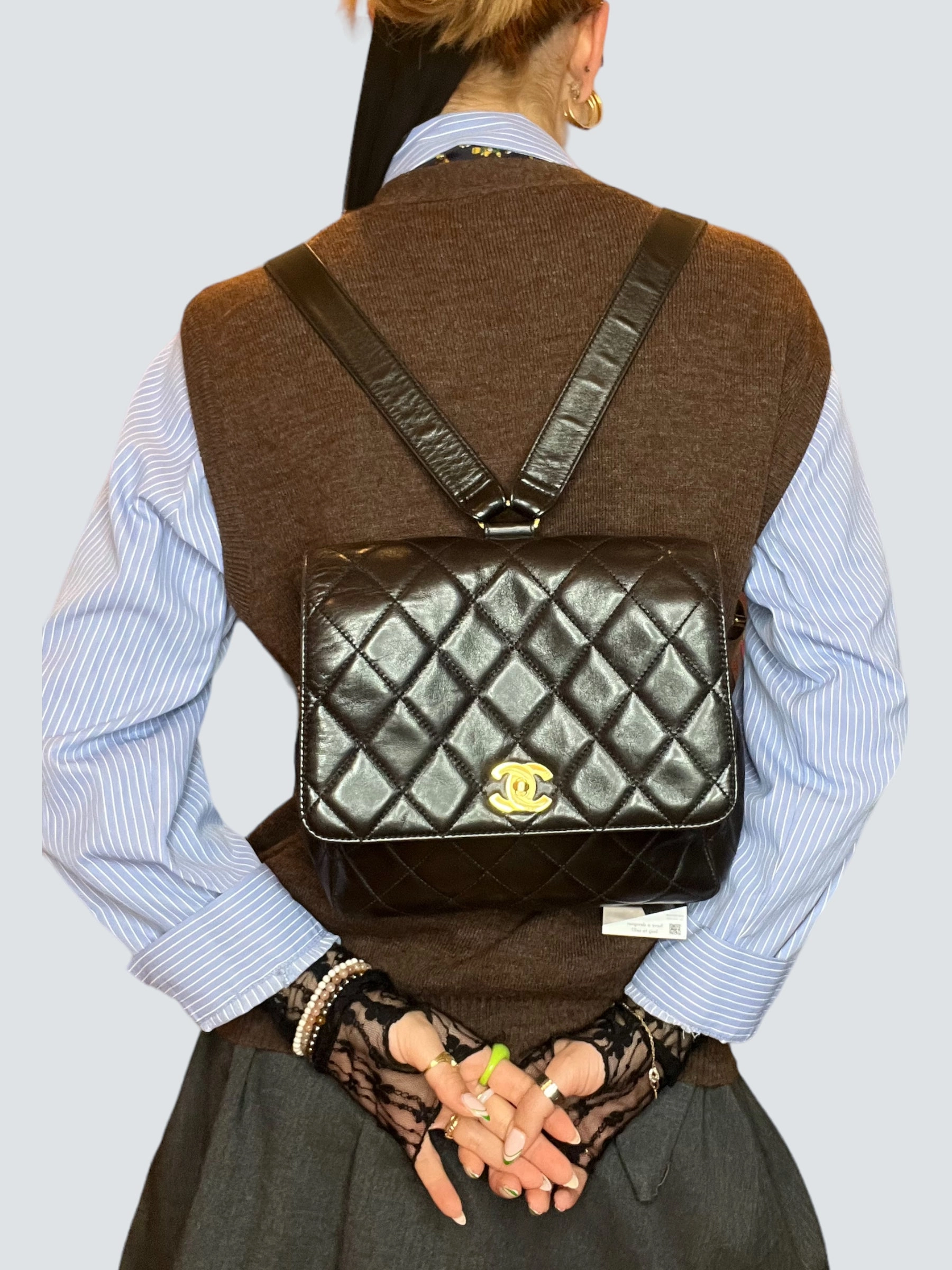 Vintage Chanel Black Lambskin Leather Backpack