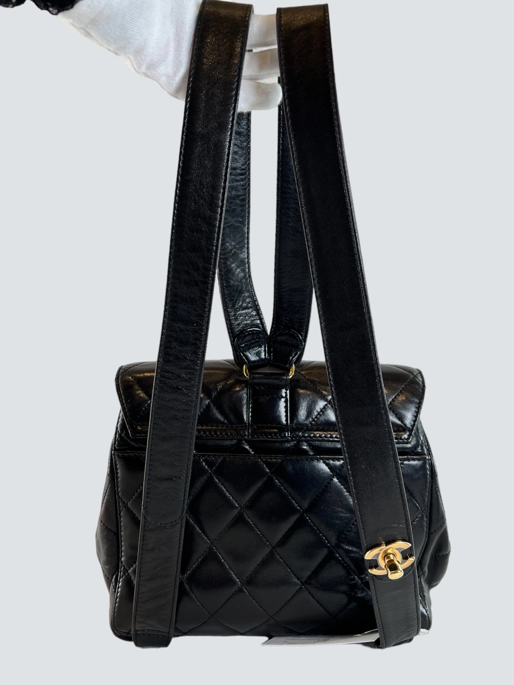 Vintage Chanel Black Lambskin Leather Backpack