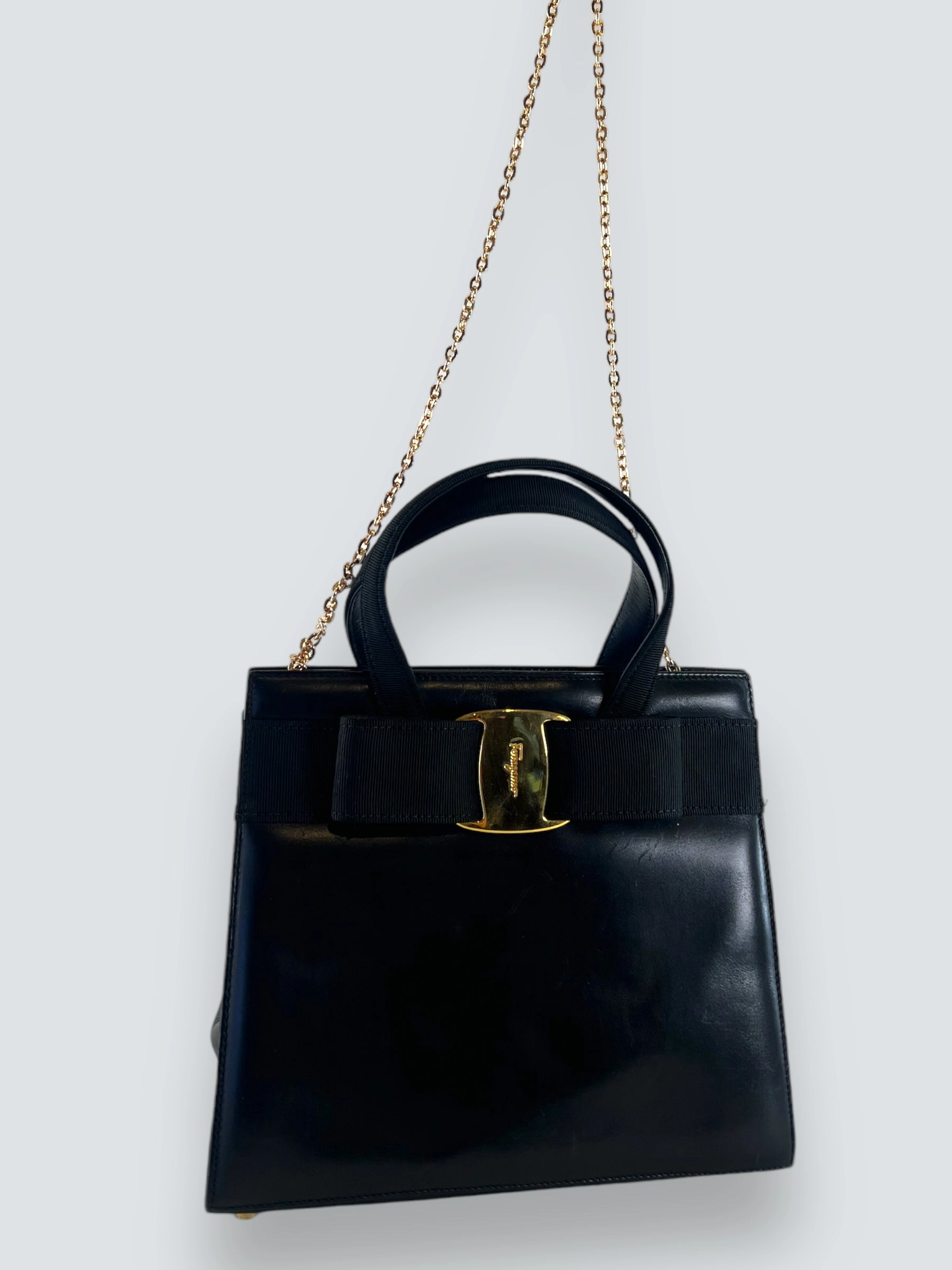 Vintage Salvatore Ferragamo Black Leather Vara  Chain Tote