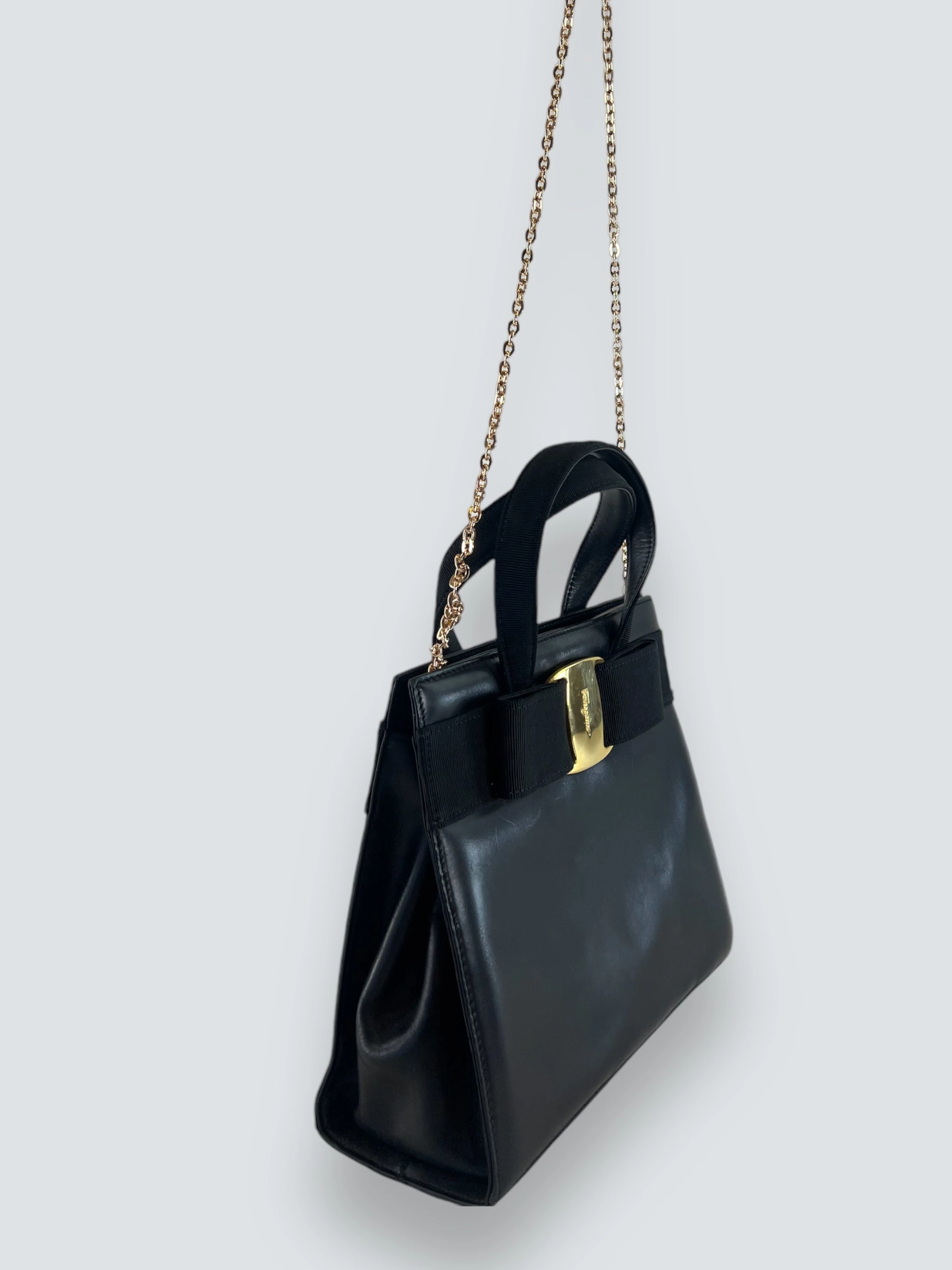 Vintage Salvatore Ferragamo Black Leather Vara  Chain Tote