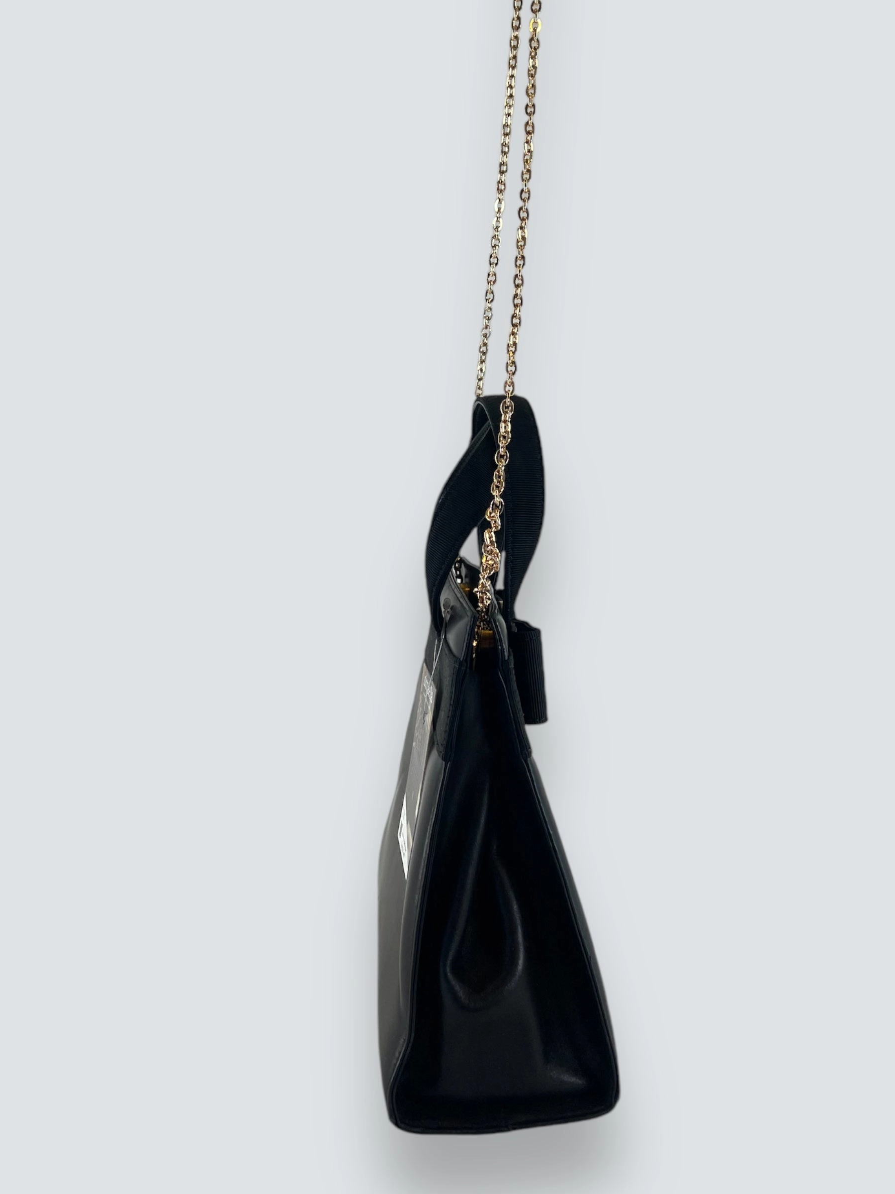 Vintage Salvatore Ferragamo Black Leather Vara  Chain Tote