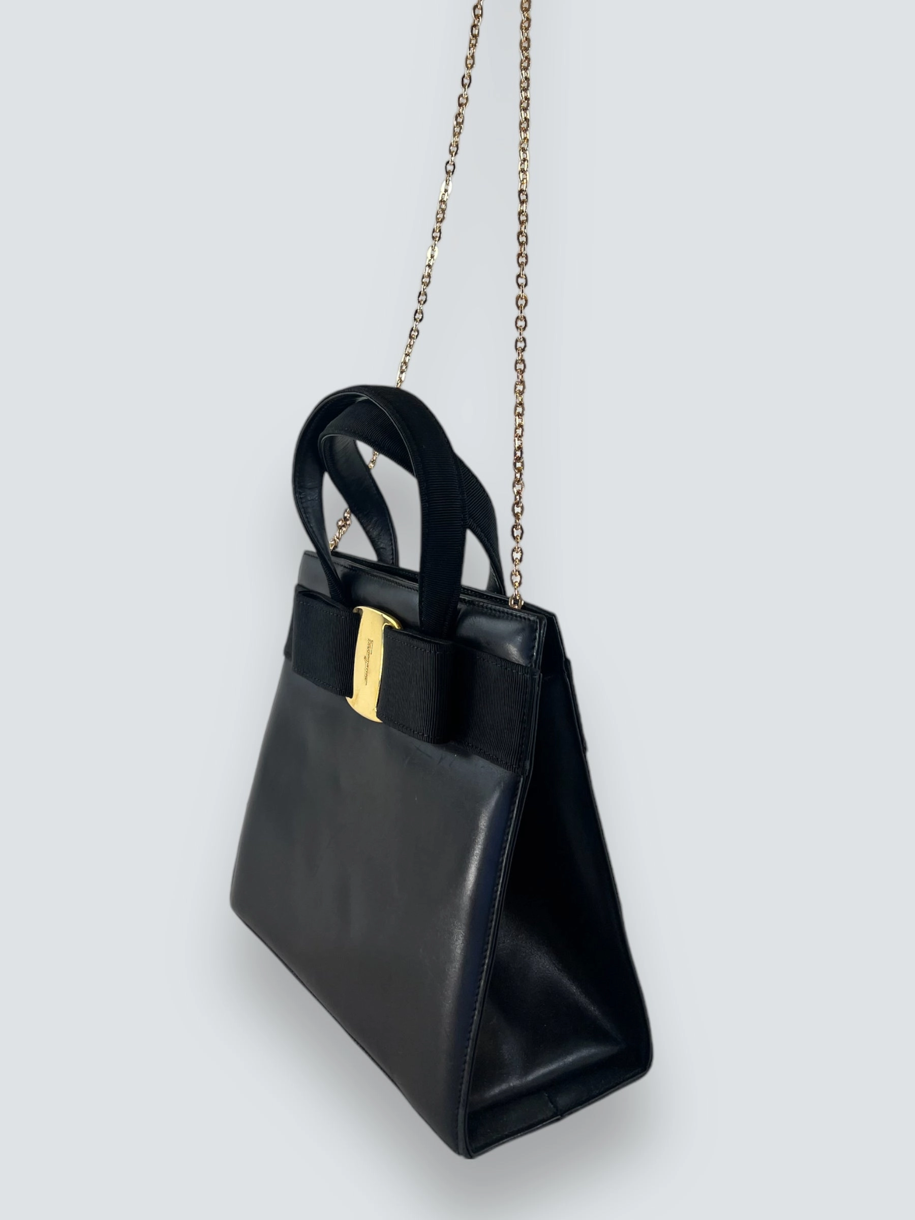 Vintage Salvatore Ferragamo Black Leather Vara  Chain Tote