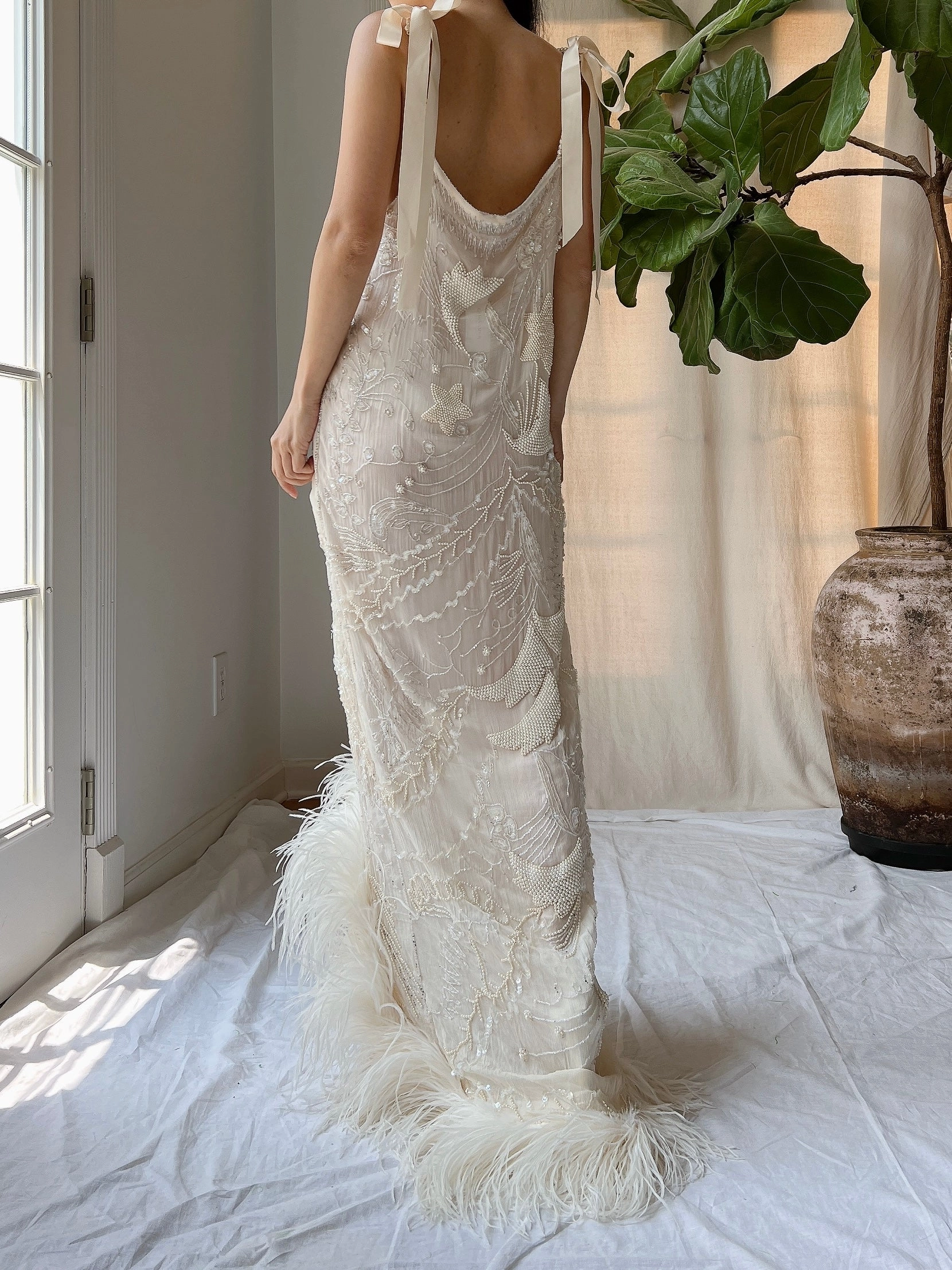 Vintage Silk Pearl Beaded Gown - M/L