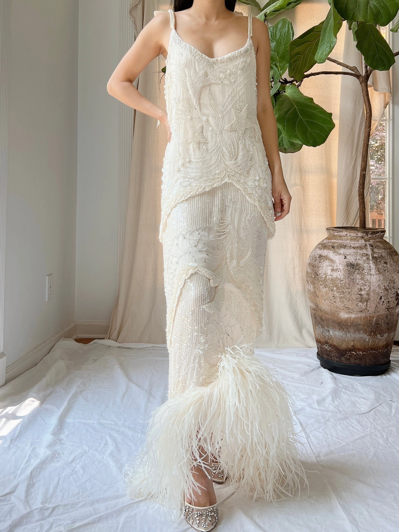 Vintage Silk Pearl Beaded Gown - M/L