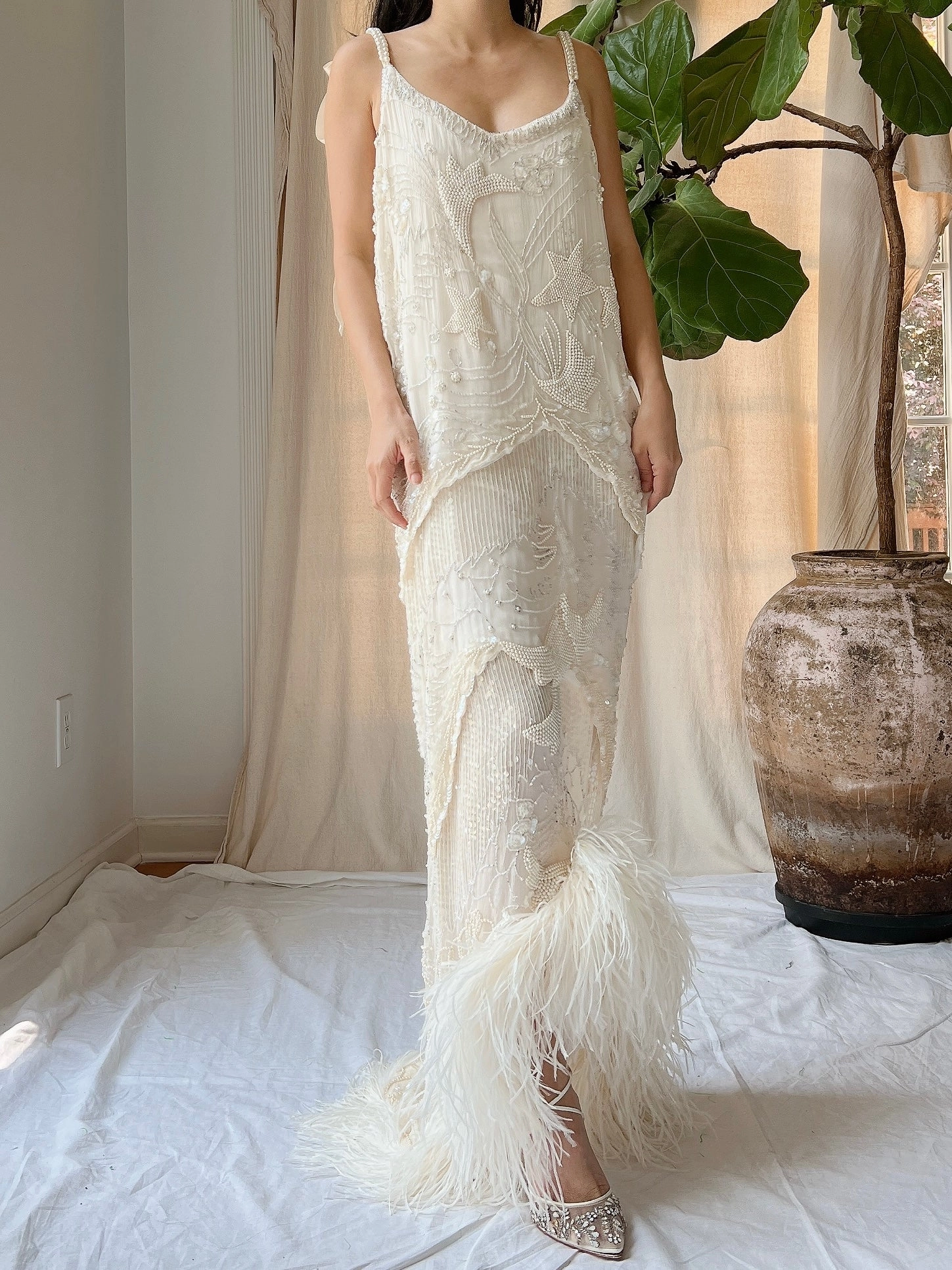 Vintage Silk Pearl Beaded Gown - M/L