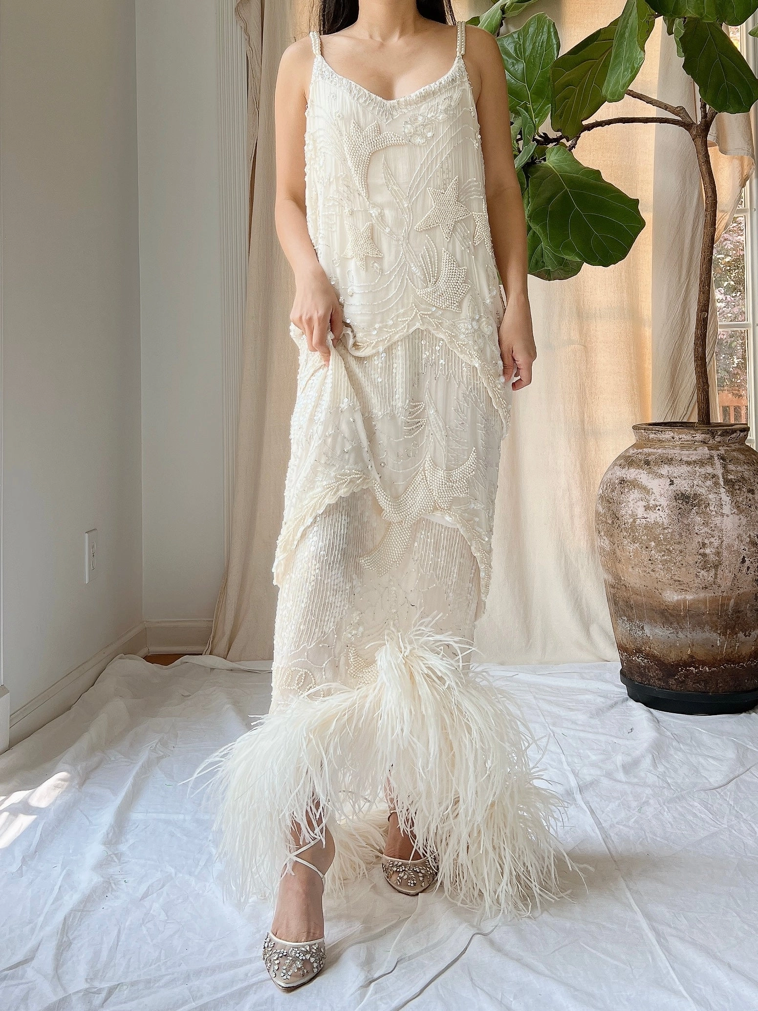 Vintage Silk Pearl Beaded Gown - M/L