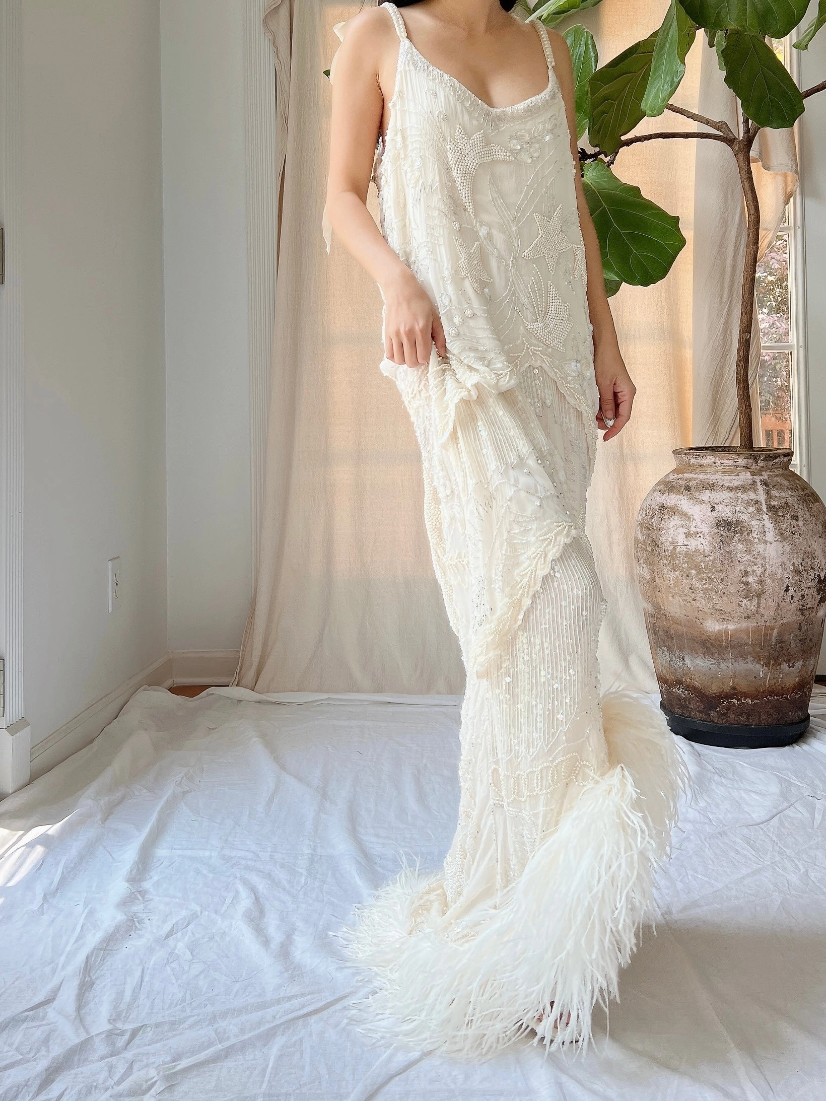 Vintage Silk Pearl Beaded Gown - M/L