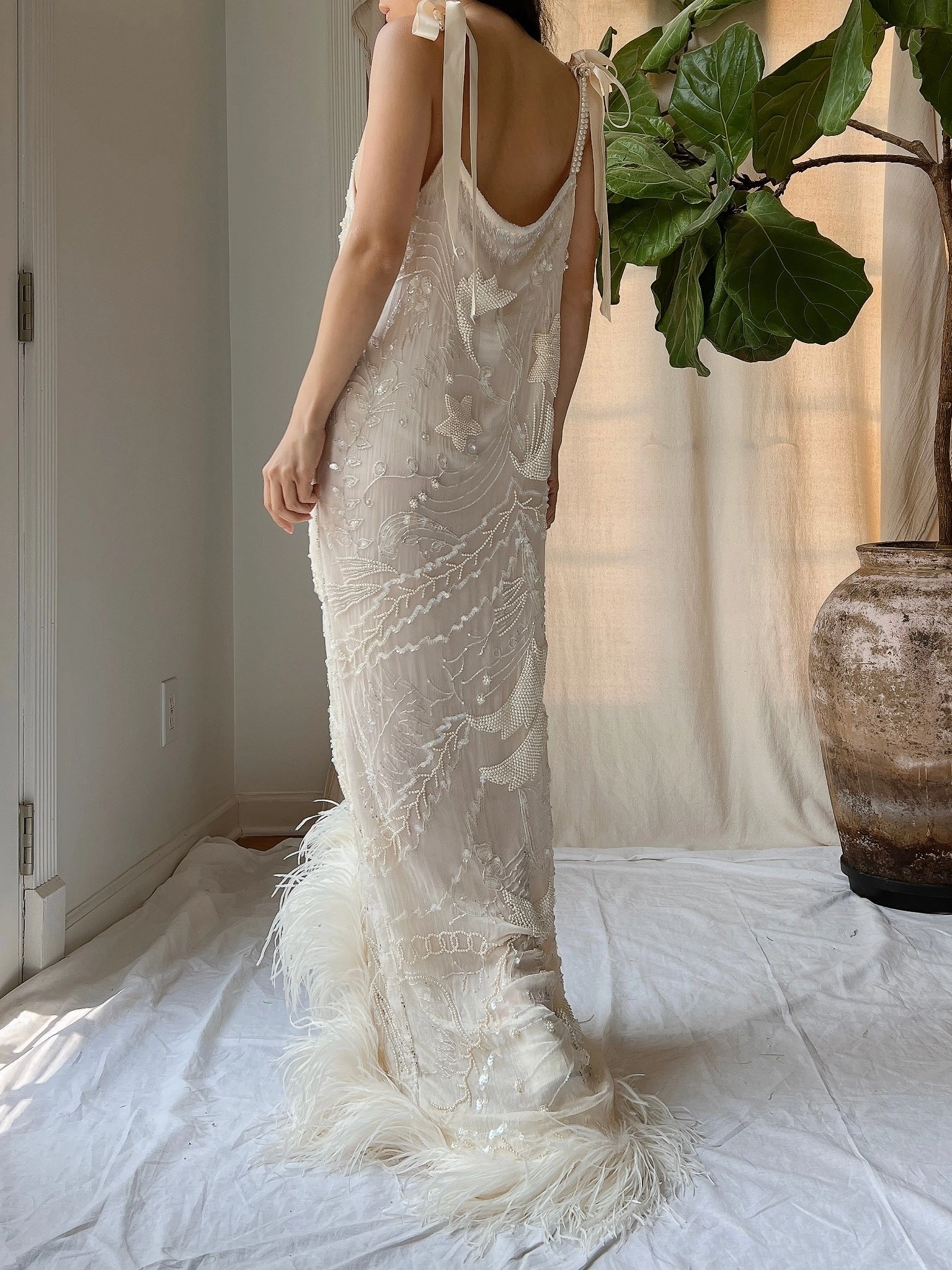 Vintage Silk Pearl Beaded Gown - M/L