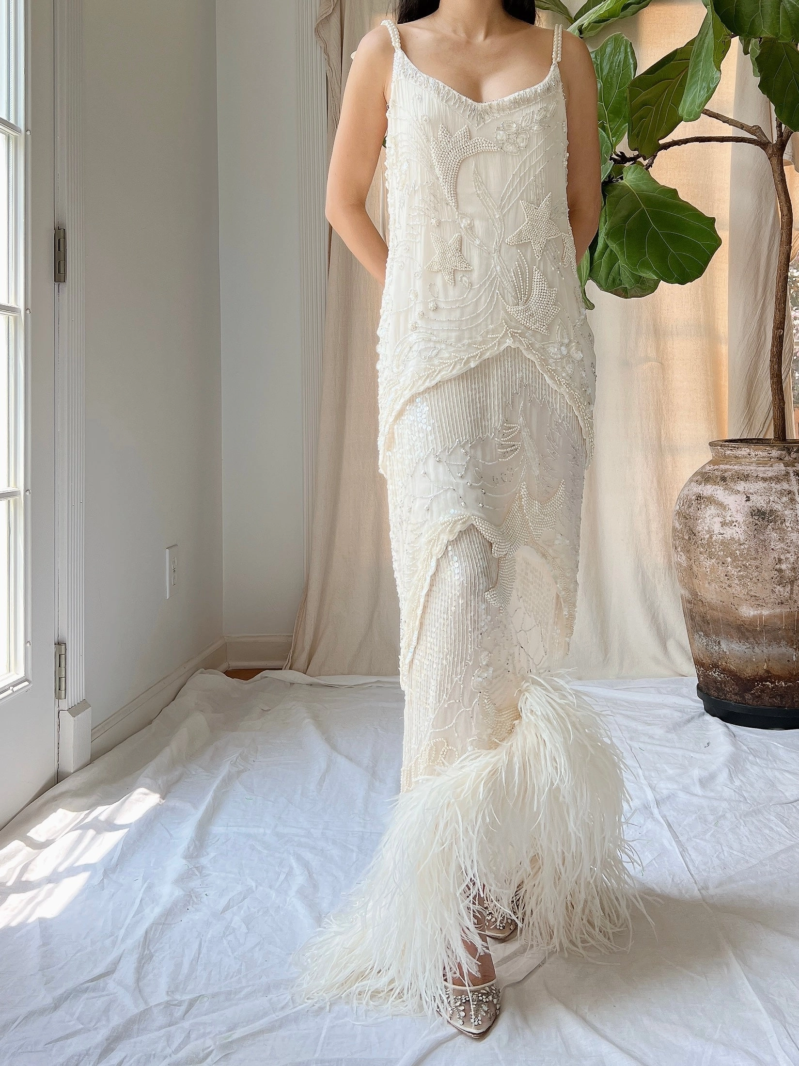 Vintage Silk Pearl Beaded Gown - M/L