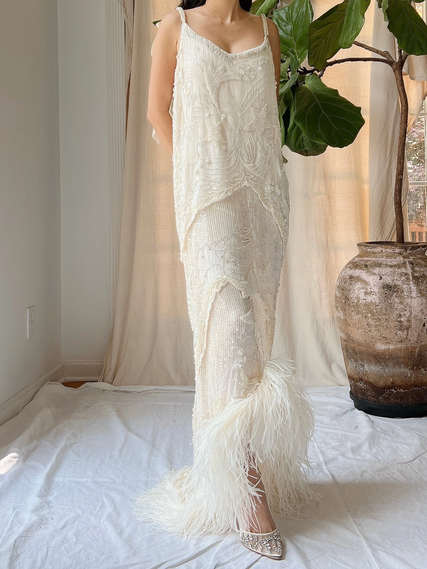 Vintage Silk Pearl Beaded Gown - M/L