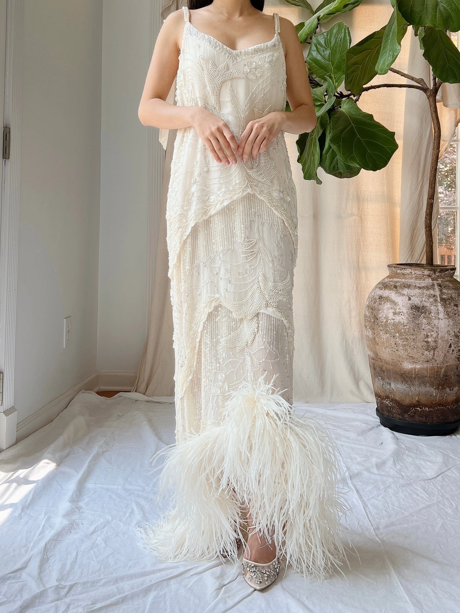 Vintage Silk Pearl Beaded Gown - M/L