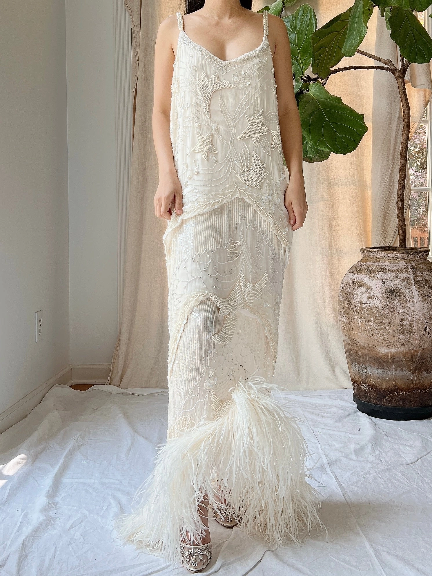 Vintage Silk Pearl Beaded Gown - M/L