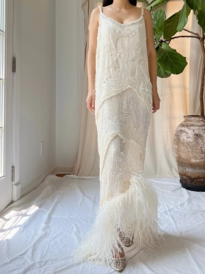 Vintage Silk Pearl Beaded Gown - M/L