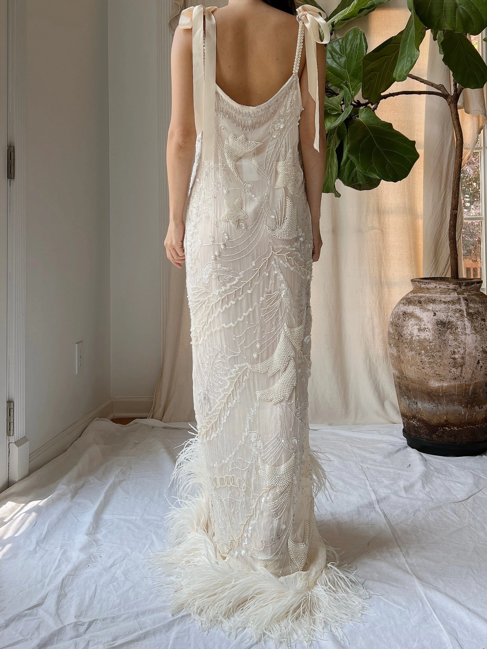 Vintage Silk Pearl Beaded Gown - M/L